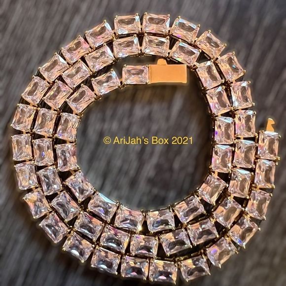 Gold 5mm Princess Cut Rectangular Diamond Tennis Chain Necklace